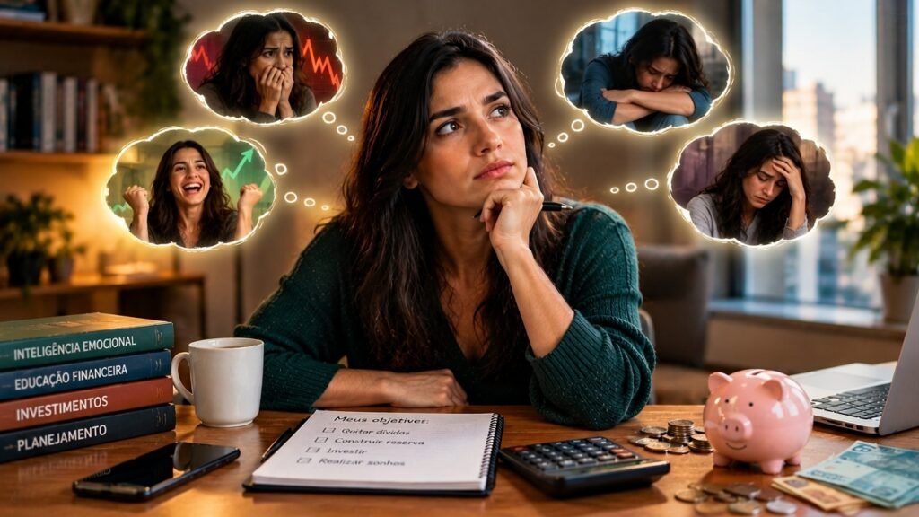 O que ninguém te contou sobre a relação entre emoções e dinheiro - Parte 2 2 Pessoa refletindo sobre a relação entre emoções e dinheiro, com elementos que representam decisões e planejamento financeiro.
