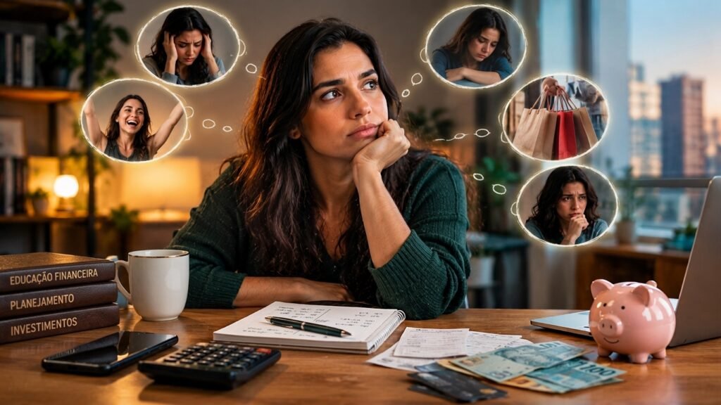 O que ninguém te contou sobre a relação entre emoções e dinheiro - Parte 1 3 Pessoa refletindo sobre a relação entre emoções e dinheiro, com elementos que representam decisões e planejamento financeiro.